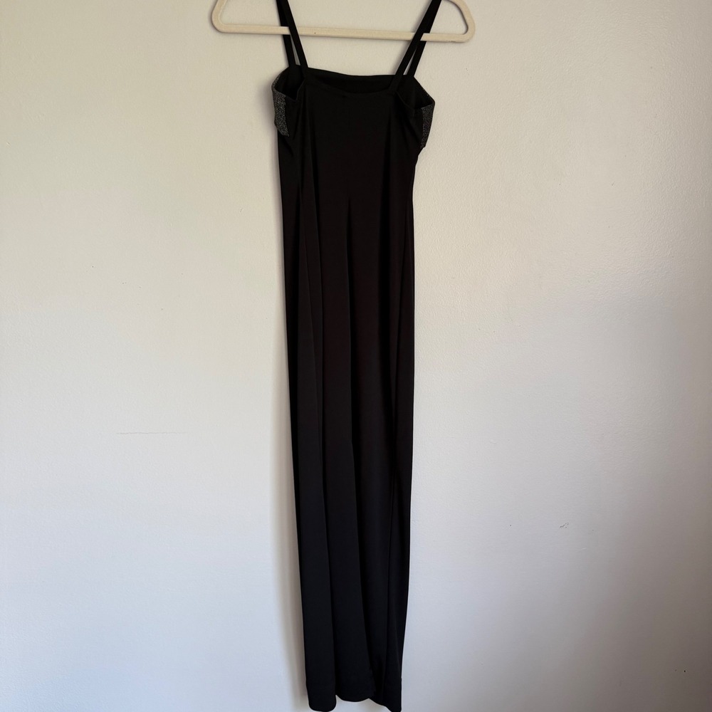 Vintage 90s Black Glitter Trim Maxi Dress Spaghetti Strap Formal Gown Size 3/4 - Picture 4 of 7
